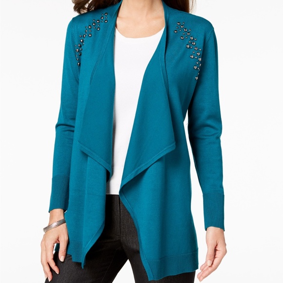 JM Collection Sweaters - *SOLD* Teal Blue Studded Relaxed Fit Cardigan